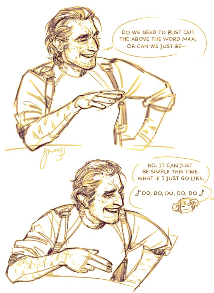 a sketchy two-panel comic done in a semi-realistic style depicting Caleb Widogast from Critical Role. he is having an exchange about the Sending spell with an off-screen Jester, asking, "Do we need to bust out the above the word max, or can we just be–", to which Jester replies, "No. It can just be simple this time. What if I just go like, Do, do, do, do, do!", with the "do's" decorated with little musical notes to indicate her singing, as well as a small impish Jester head next to the speech bubble. Caleb is smiling in the first panel, his posture comfortable, and in the second panel he is bursting out laughing, leaning forward with the force of it, his eyes scrunched up and cheeks rounded with an open smile.