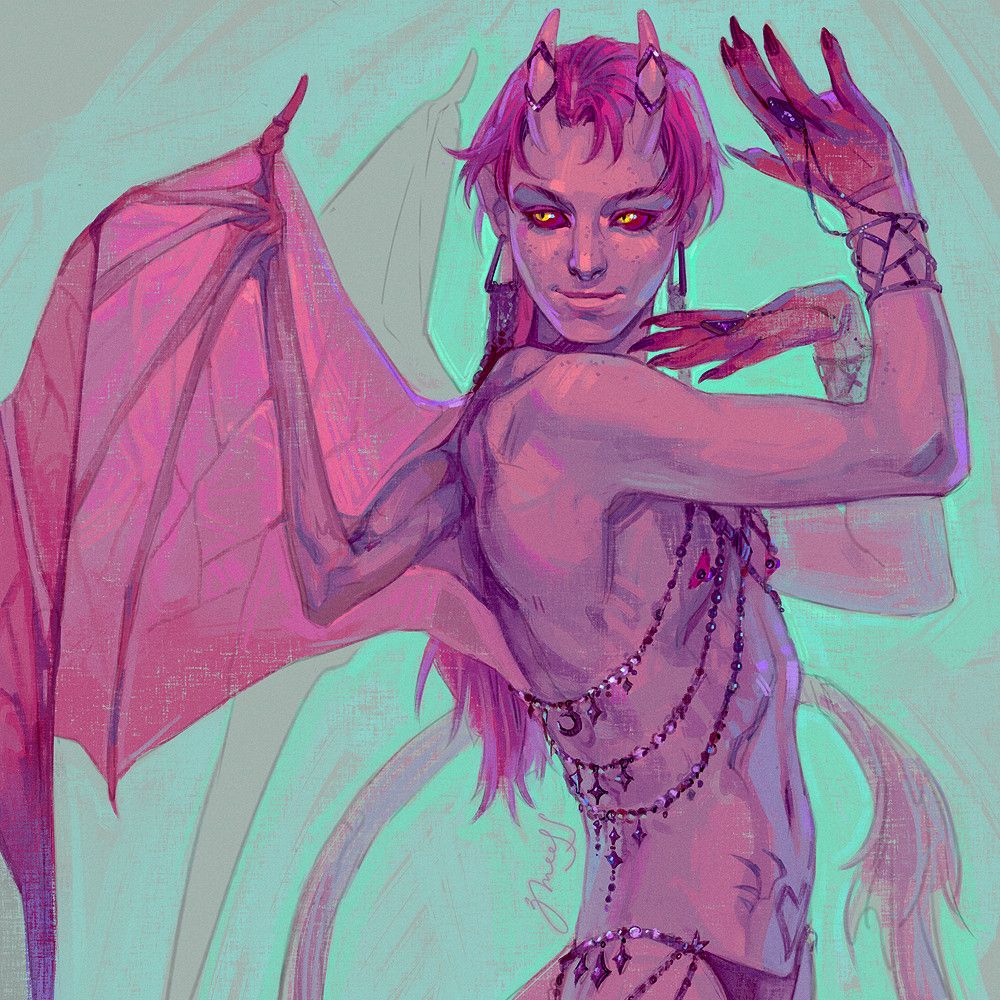 digital hips-up painting of a pink-skinned succubus, standing almost in profile and looking flirtatiously over his shoulder. he is thin and slender, with a flat chest and long tail ending with a tuft of hair, large bat-like wings arcing gracefully behind his back. he has long straight hair of a slightly darker pink than his skin tone, with shorter bangs framing the forehead. he has delicate, almost sweet features: a thin nose with a slight bump and a high bridge, thin lips curling into a cat-like smile, freckles on his cheeks and large eyes with dark magenta sclera, yellow irises and black slit pupils. he is naked save for numerous pieces of black sparkling geometric jewelry adorning his body: a chest cage made of chains, beads and crescent and star-shaped charms; angular rings on the straight horns protruding from his forehead; delicate underwear with star charms on the sides; bangles on his wrists that connect to massive rings on his middle fingers with chains; long earrings that look like a curtain of beads. below his belly button, there is a geometric tattoo slightly reminiscent of a heart with two devil wings. the succubus is looking off-screen, but his hands and body are poised and elegant, as if he is aware of his audience and knows that they find him attractive.
the picture is done in a semi-realistic style with painterly brushstrokes, the mostly pink and purple character set against a glowing light green and cyan background.