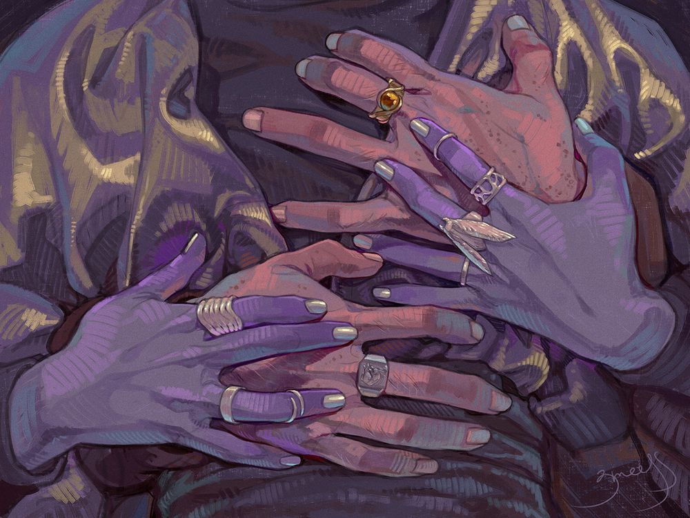 digital fanart of Caleb and Essek from critical role. the composition is cropped to only show a part of Essek's torso, with Caleb's hands on his chest, presumably hugging Essek tightly from behind; Essek is resting his hands delicately on top of Caleb's. he's wearing a dark glossy silk top that's open in the front, with his chest entirely covered by a black shirt underneath; his fingers are adorned with a few white gold rings, some of which are plain bands and others are more intricate, like a large moth-shaped ring on his middle finger. Caleb is wearing a ring on each one of his middle fingers: his ring of thelepathy, which is a thick yellow-gold band with an amber stone in it, and his ring of evasion, which is a silver signet ring with a relief of a hare on it. the picture employs a dark limited palette of muted purples, golds and pinks.