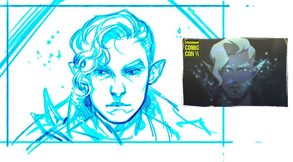 digital head shot sketch of Essek Thelyss from Critical Role, a semi-realistic redraw of the animated series screen shot that was posted in the recent Entertainment Weekly article. the screenshot itself is pasted to the right of the sketch as a point of reference. Essek is depicted as a young-looking dark elf with short hair, with longer wavy bangs swept to one side. his pointy ears are decorated with ear caps, and he is looking intently at something in front of him and a bit down, with a tired but intrigued and analytical look.