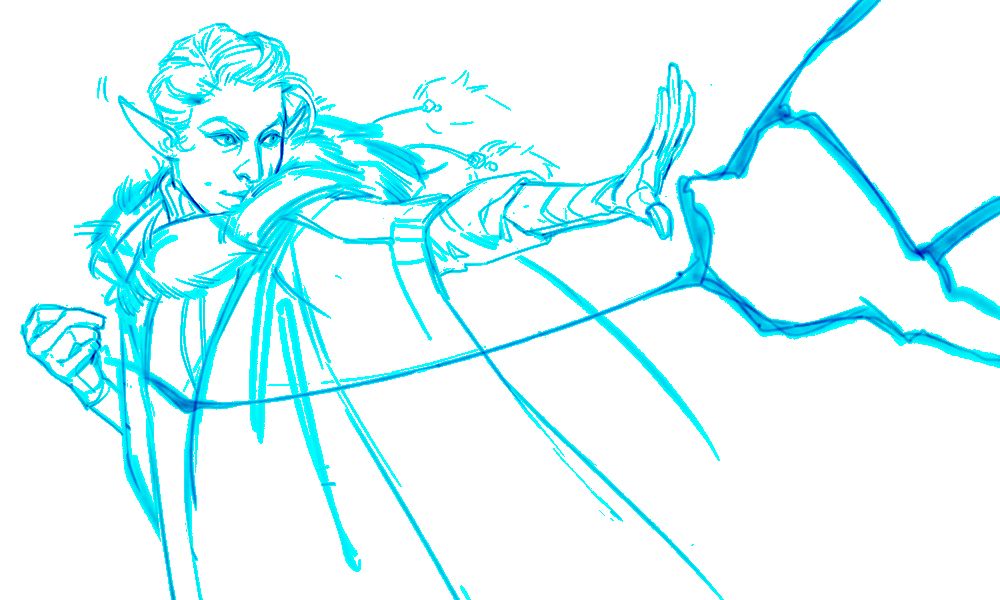 digital sketch of Essek Thelyss from Critical Role, who is a drow with short wavy hair and is dressed in warm winter clothes. he is looking over his left shoulder, extending his left arm and casting a dark-colored lightning bolt. his pointed ears are perked up, and he has a confident smile on, which is just slightly hidden by the fluffy fur collar of his cloak.