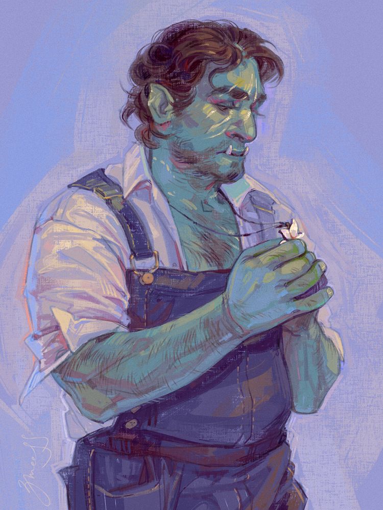 digital hips-up portrait of a half-orc. he appears to be a young adult, is muscular and fat, and has grayish green skin, curly brown hair in a mullet, some short stubble over his jaw, and prominent lower tusks. he has a few light-colored scars going diagonally over his nose, as well as several scars over his whole body; the tip of his one visible pointed ear is missing. he's dressed in a white shirt with its sleeves rolled up, and blue overalls. there is a cord around his neck, and he is clutching a lily pendant hanging off of it with both hands, inspecting one of the bent petals with a sad, pensive expression. the background behind him is blue, adding to the melancholic mood.