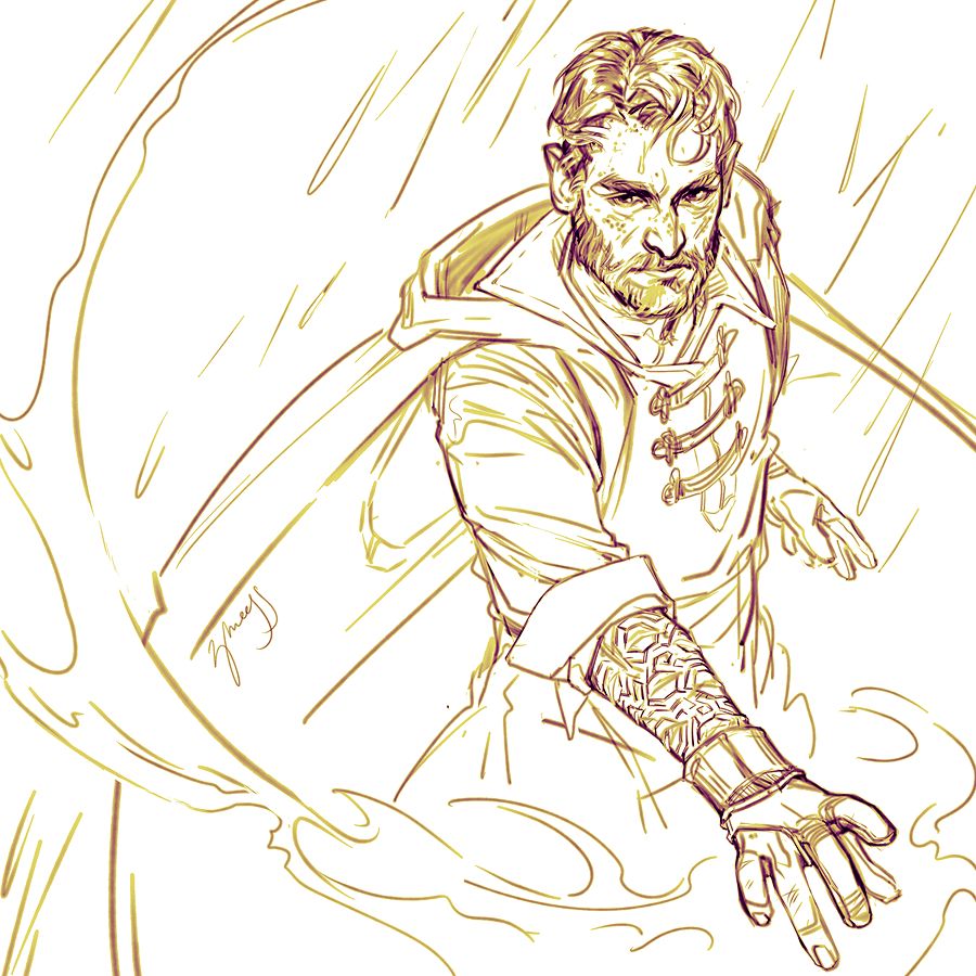 a digital drawing of Bren, an alternative universe design of Caleb Widogast from Critical Role. he is a human in his thirties, of an average build; he has a freckled face, short messy hair and a beard. he is dressed in a cloak, which is whipping with the wind behind him, and a shirt with rolled up sleeves, exposing the maze-like glyph chant tattoos and scars on his forearm. he also has leather gloves on, which cover only the first three fingers of each hand. he is extending his right arm forward, casting a fire spell, the flame curling around him in an arc. heavy rain is falling around him, and he is looking up at the camera with an intense expression.