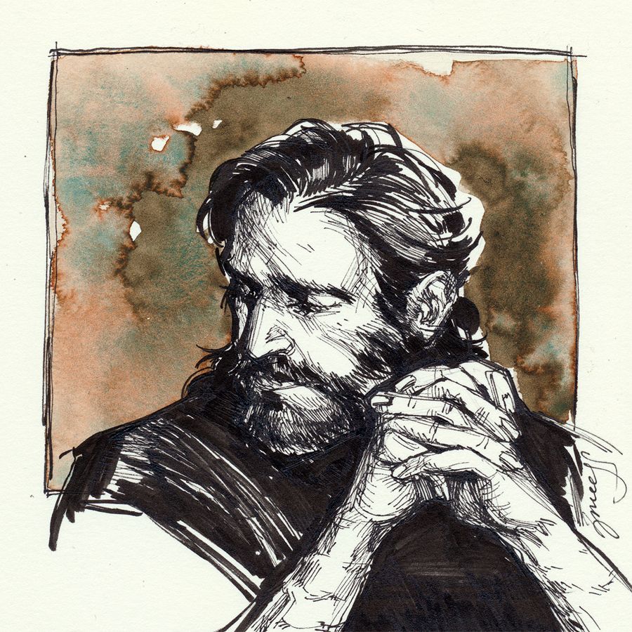 traditional chest-up sketch of Caleb Widogast, done on slightly off-white paper. he is drawn with messy hatching and long sweeping strokes of black ink, and the background behind him is plumes of brown and teal granulating watercolor. Caleb is depicted with a beard and shoulder-length hair that is swept back. he is looking to the side and down with his brows furrowed; his elbows are propped up on something out of frame, and his fingers are interlaced in a tense gesture.