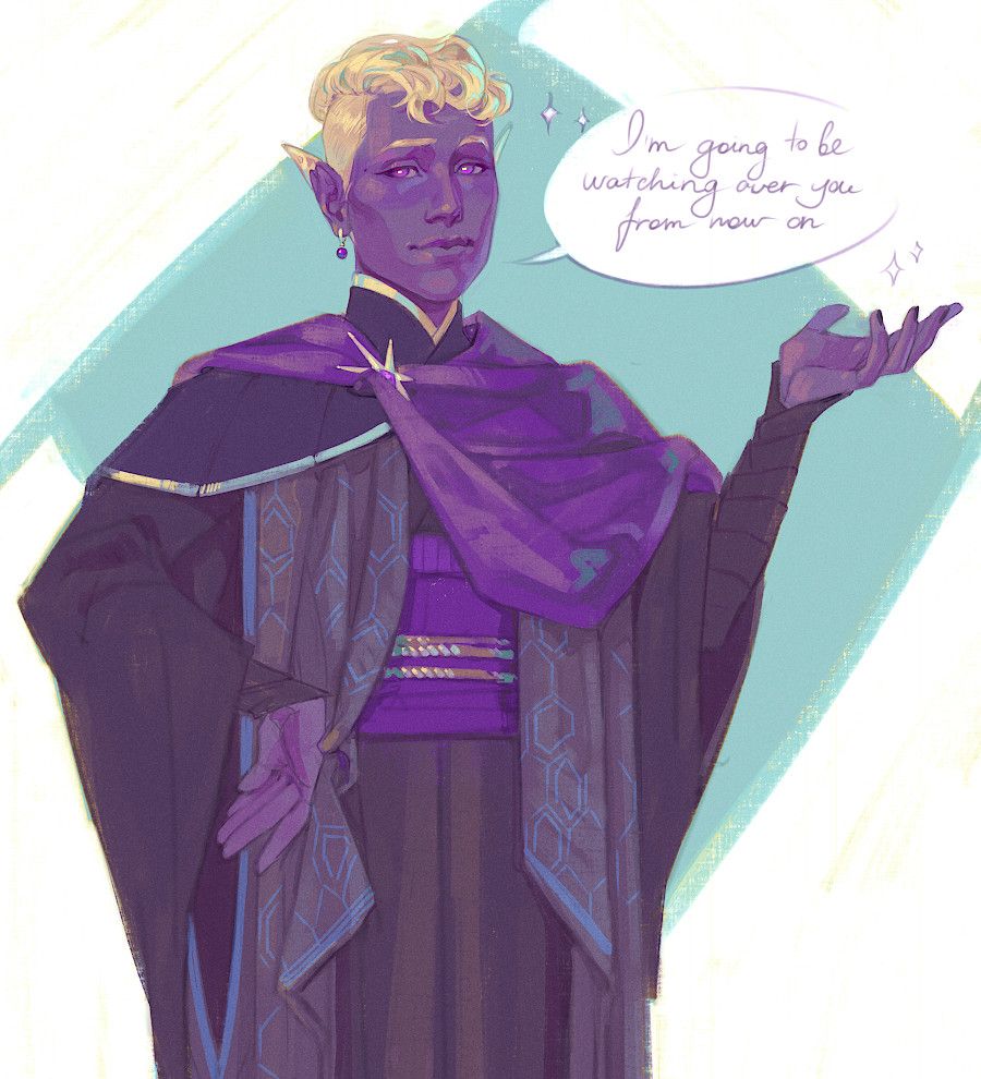 digital fanart of Essek Thelyss from Critical Role. he is a drow with dusky purple skin and short white wavy hair, wearing black and purple layered robes. he is standing with his right hand on his hip and his left up at chest level in a theatrical gesture. he has a pleasant smile on and is saying 'I'm going to be watching over you from now on'.