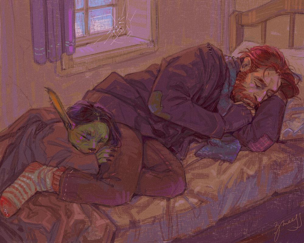 digital fanart of Caleb and Nott from Critical Role, depicting them sleeping in a narrow inn bed. Caleb is a light-skinned thin human in his mid-thirties, his red hair and beard messy and untrimmed. he is dressed in tattered, worn clothes, bundled up in his heavily patched coat, knitted scarf, pants that are a bit too short for him and a darned red and white striped sock. he is curled in on himself, with one arm under his head, legs bent. Nott, who is a smaller green-skinned goblin with long straight black hair, is tucked behind his knees, resting her head on Caleb's thigh. she has a wrinkled, almost feline face and long rounded ears; her little hand, also resting on the back of Caleb's thigh, has small black claws. she is covered almost entirely by an unremarkable brown blanket.
both of them have slightly worried faces even in their sleep, and seem to be minutes before waking up to the pale light of the sunrise coming from the small window just above the bed.