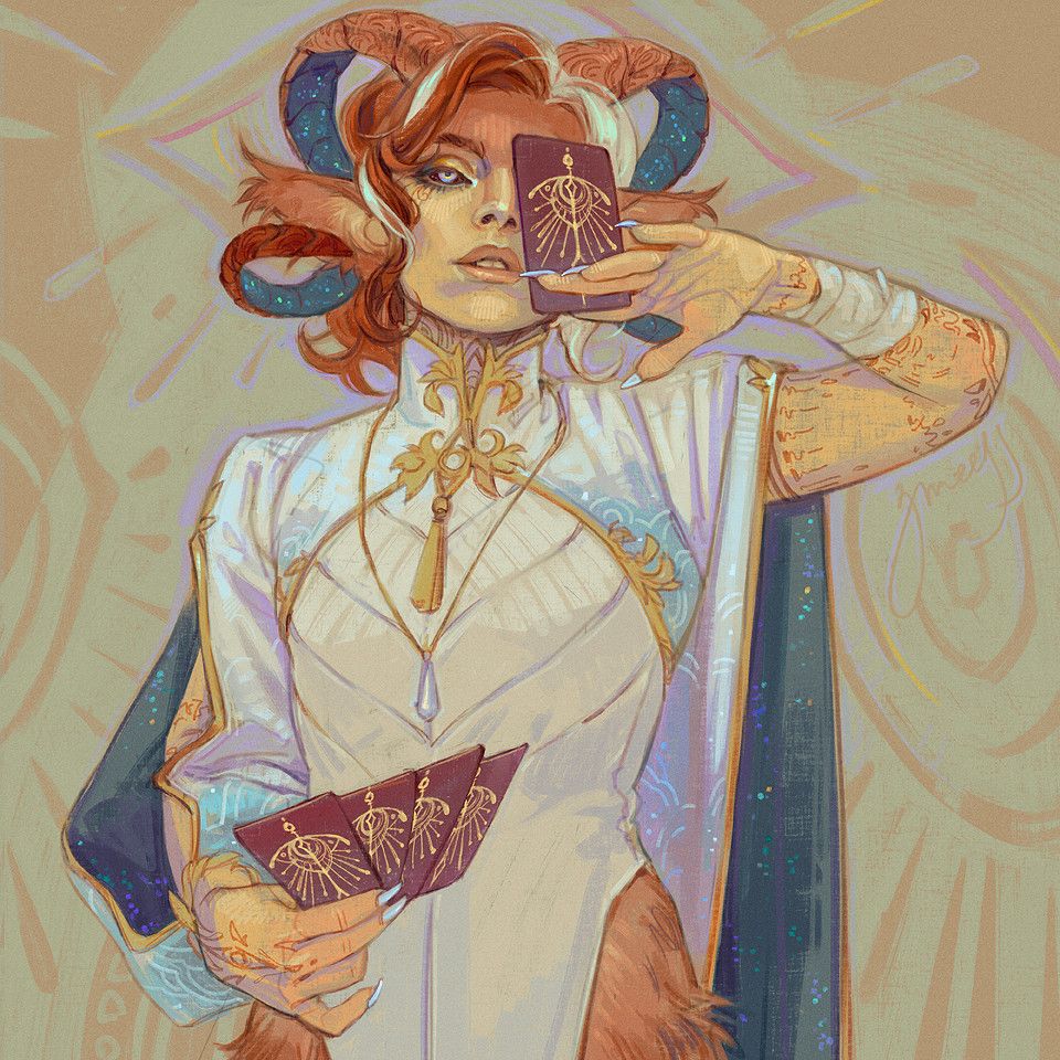 a hips-up digital portrait of a faun character. he has light skin and short reddish-brown wavy hair with prominent white streaks on the left side. the fur on his thighs and hips is a similar shade of brown, and so are the filigree tattoos on his arms, the backs of his hands and neck. he has long horns that curve out from the top of his head and then back towards his chin; the top part is brown with thin carvings, while the bottom is dark blue and reminiscent of a starry sky. he is wearing an elaborate and well-fitted white outfit with golden trims and detailing, the lining of his wide split sleeves featuring the same starry sky as his horns. he is standing confidently, holding four cards in his right hand by his hip, and a fifth in his left, delicately pinching it between his index and middle fingers and covering his left eye with it. the backs of the cards are burgundy in color and feature a golden eye-like design. the background behind the character also features eyes, stylized and simple, one of them framing his head like a halo.