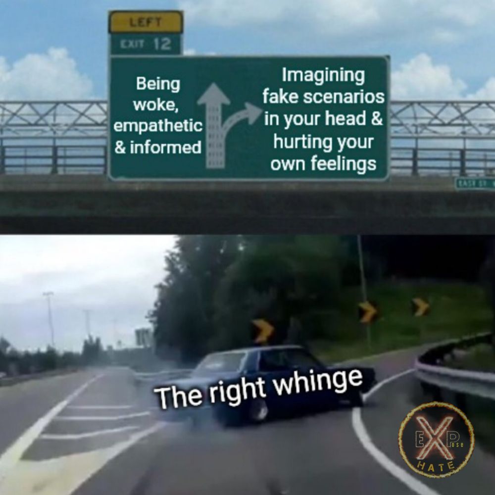 A highway splitting left to right plus sign above with arrow to go left saying 'being woke, empathetic & informed'. Arrow pointing to go right on sign states 'imagining fake scenarios in your head & hurting your own feelings'. Car screeching fastly round the corner to the right turn with car being labelled as 'right whinge'.