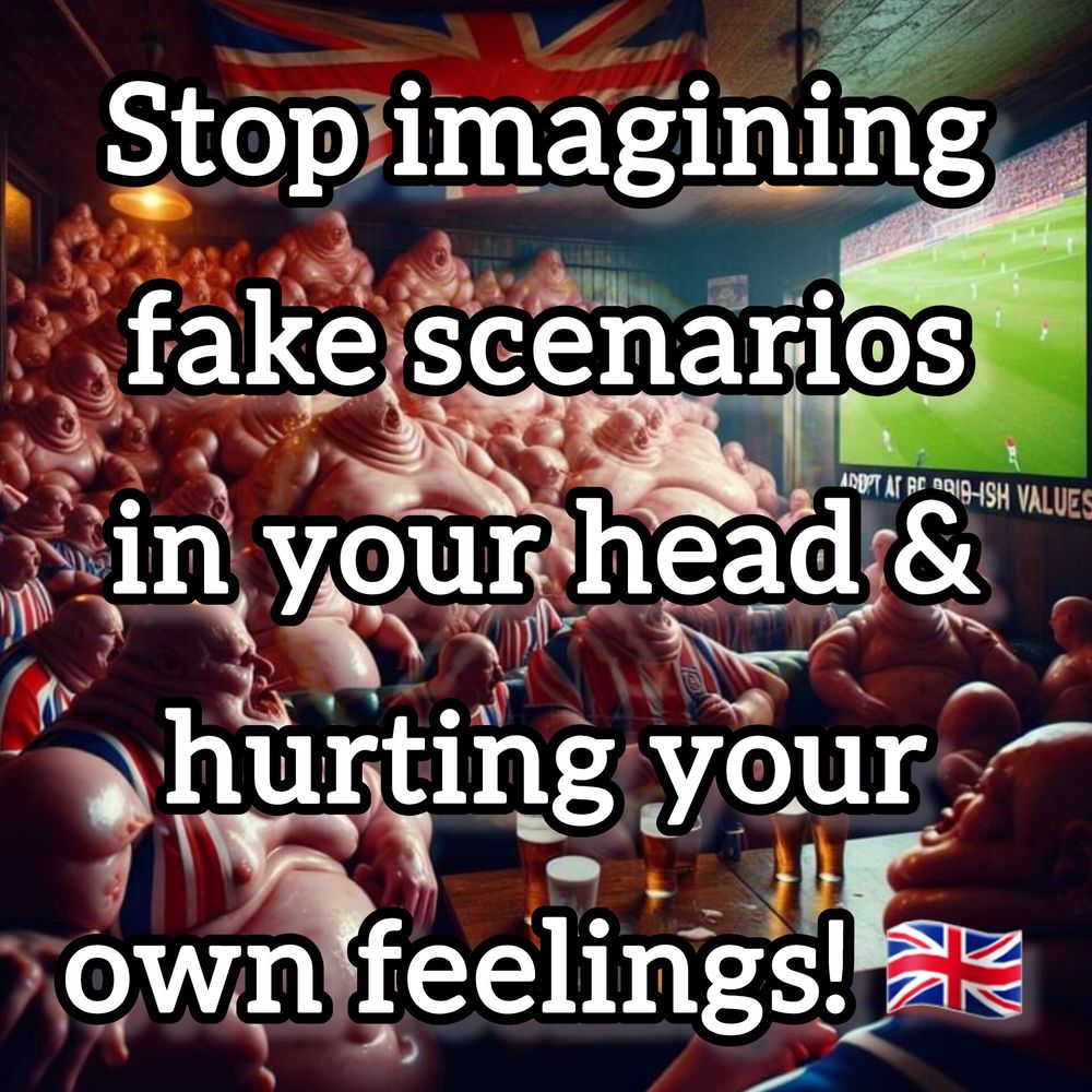 Image is lots of gammon like blobs watching TV basically saying in jumbled writing 'adopt British values. Overlayed with writing stating 'stop imagining fake scenarios in your head & hurting your own feelings'.