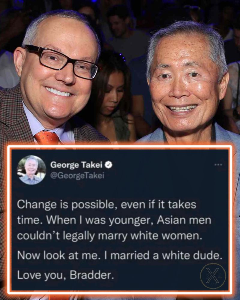 George Takei with partner, Brad Takei, accompanied by statement overlay from George himself.