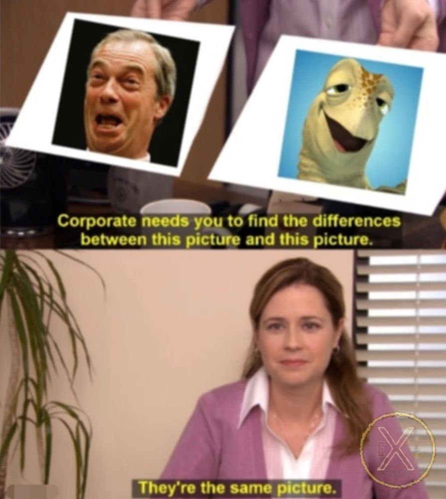 Top picture of Nigel Farage and cartoon character states 'Corporate needs you to find the difference between this picture and this picture'.

Bottom picture has lady with text below reading 'They're the same picture'.