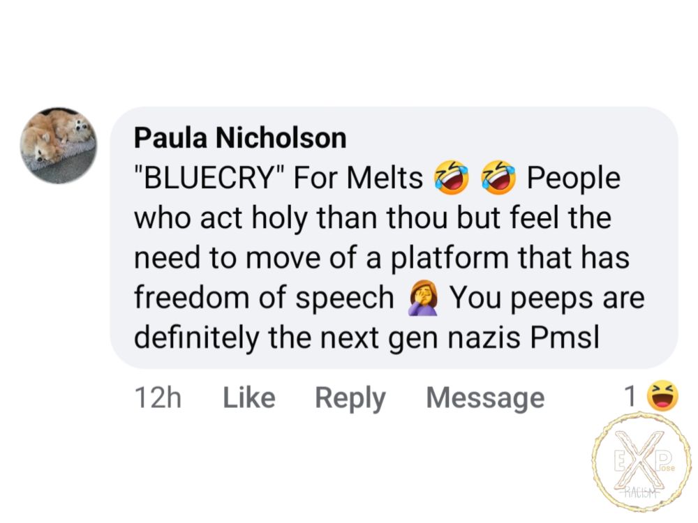 Member of the right whinge calling this app "BLUECRY". Stating other people feel the need to move to Bluesky as they think they're holy and for freedom of speech. Remarks ended by stating people are N*zis for moving between apps.