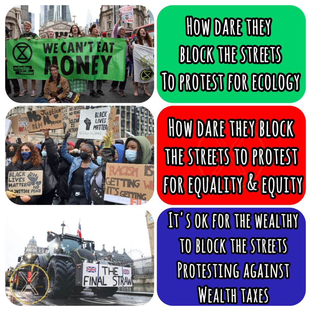 Top picture of Extinction Rebellion protest. Middle picture is Black Lives Matter Protest. Bottom picture is a farmers protest with tractors blocking the streets.
