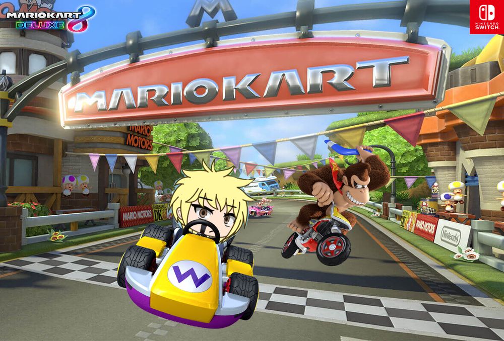 Ryan in Wario’s kart in Mario Kart 8 Deluxe, with Donkey Kong on a bike behind him, preparing to throw a boomerang at him.
