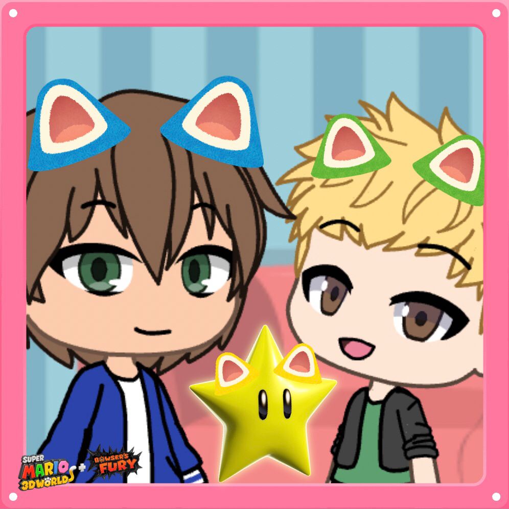 Tristan with blue cat ears, Blake with green cat ears, and a Star in between them with yellow cat ears, with a pink border, based on Super Mario 3D World + Bowser’s Fury.