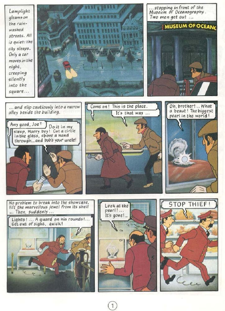 Page from “Tintin and the Lake of Sharks” where 2 thieves rob a museum 