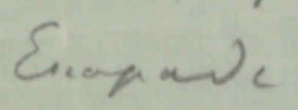 das zu entzifferende Wort faksimiliert, mit Bleistift geschrieben, "E" am Anfang, "ade" am Ende