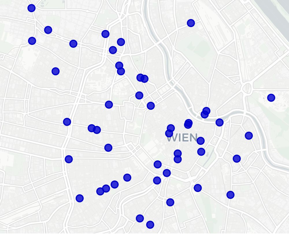 Stadtplan von Wien mit blauen Punkten darauf, ziemlich regelmäßig verteilt