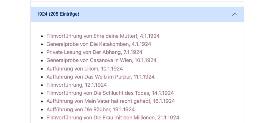 Screenshot einer Website, oben steht "1924 (208 Einträge)" auf blauem Hintergrund, darunter beginnt eine Liste mit ca. 10 Einträgen
