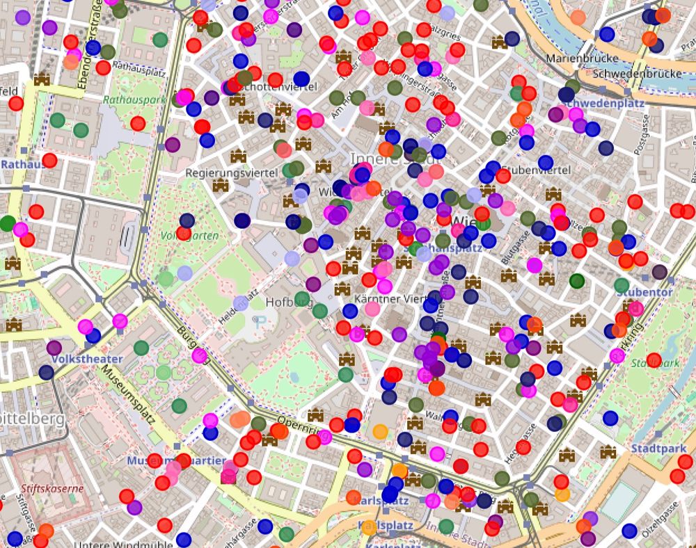 Screenshot mit einer Landkarte des 1. Wiener Gemeindebezirks mit so vielen markierten Punkten darauf, dass man glauben kann, jemand habe Konfetti ausgeleert.