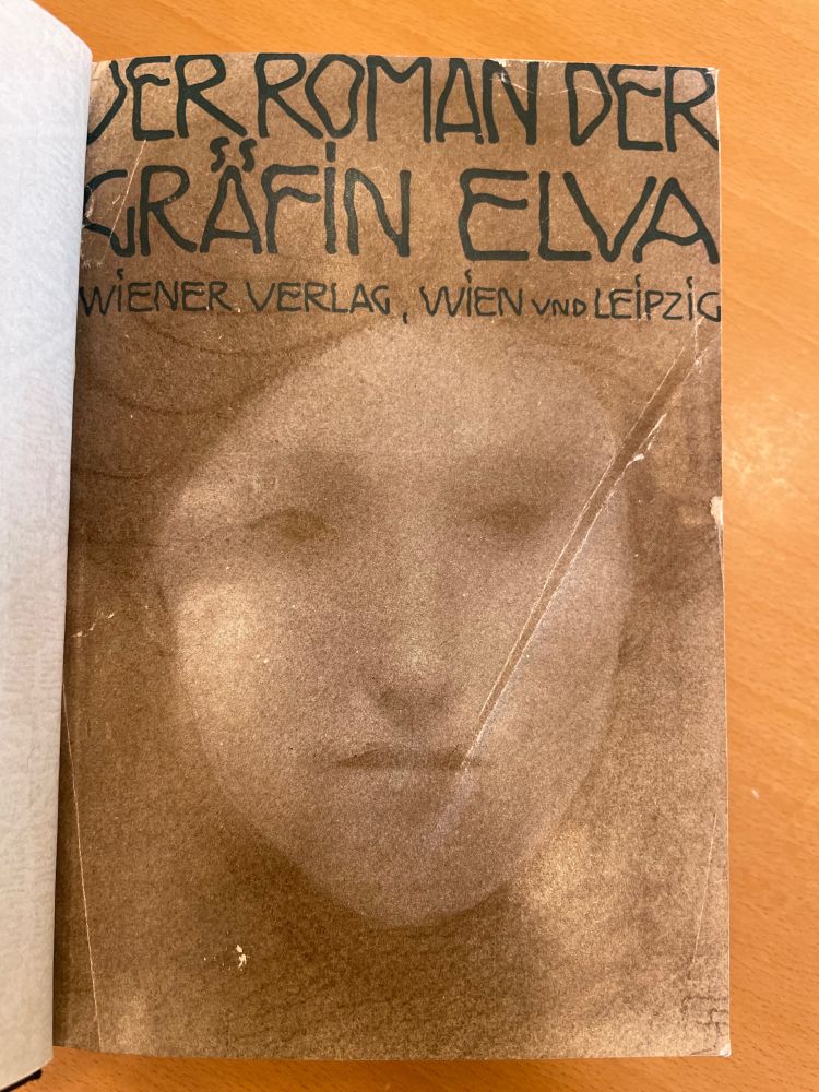 Cover von Der Roman der Gräfin Elva mit einem verwarschenen, gemalten Frauengesicht als Motiv 