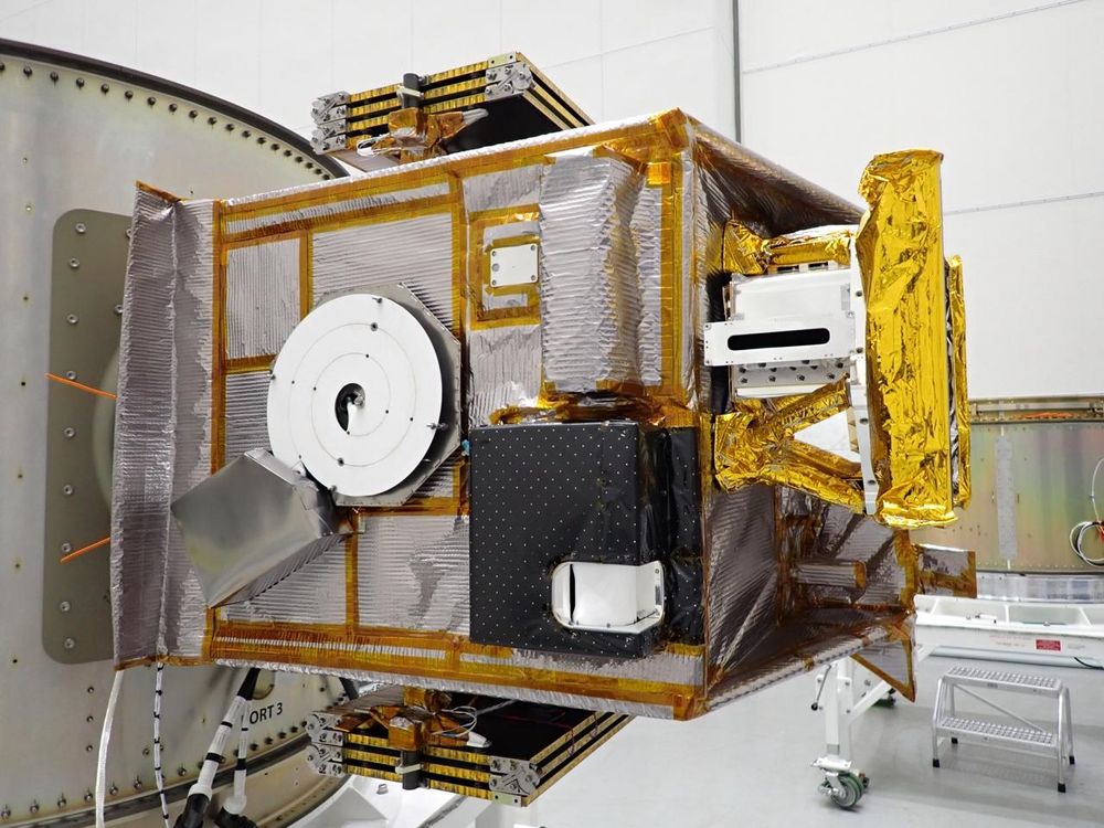 A complete and ready to go Lunar Trailblazer spacecraft. The black box is the Lunar Thermal Mapper built in Oxford's Department of a Physics 