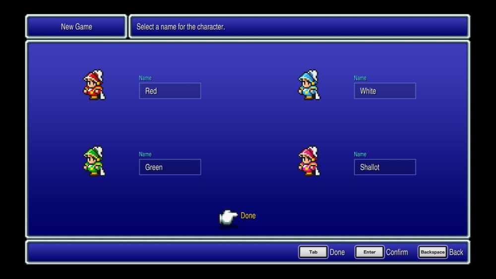 Screenshot of the New Game screen in FFIII - I have named the four Onion Knights Red, White, Green and Shallot