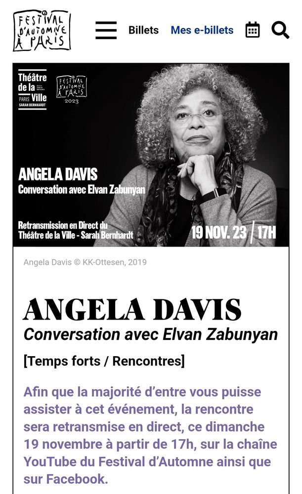 Festival d'automne de Paris
Photo d'Angela Davis
Conversation avec Elvan Zabunyan en direct sur YT