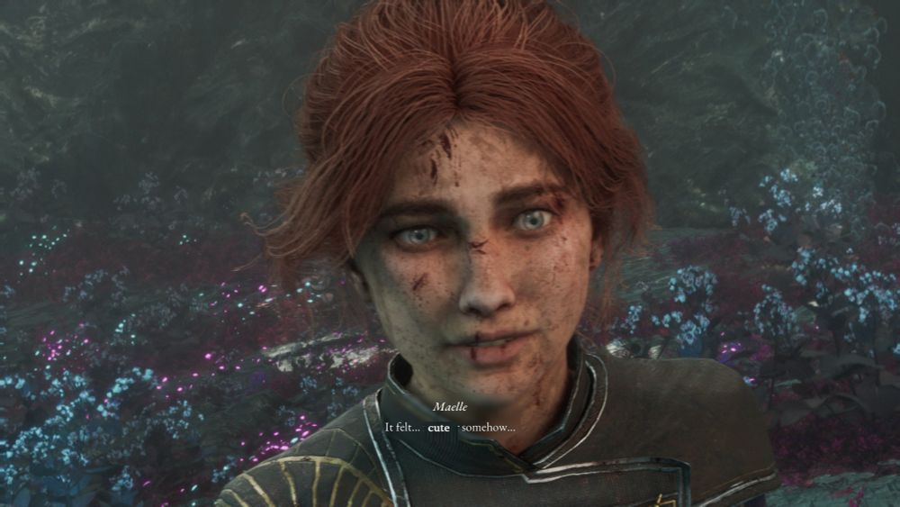 in the immediate aftermath of getting yelled at by her psuedo dad Gustave for approaching a boss enemy and trying to PET IT, Maelle says "It felt....cute somehow...."