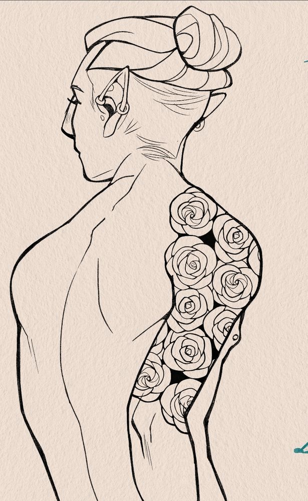 a back view drawing of a male elf with his hair tied in a bun. it shows off a new tattoo that covers his shoulder and upper arm that's just a series of roses