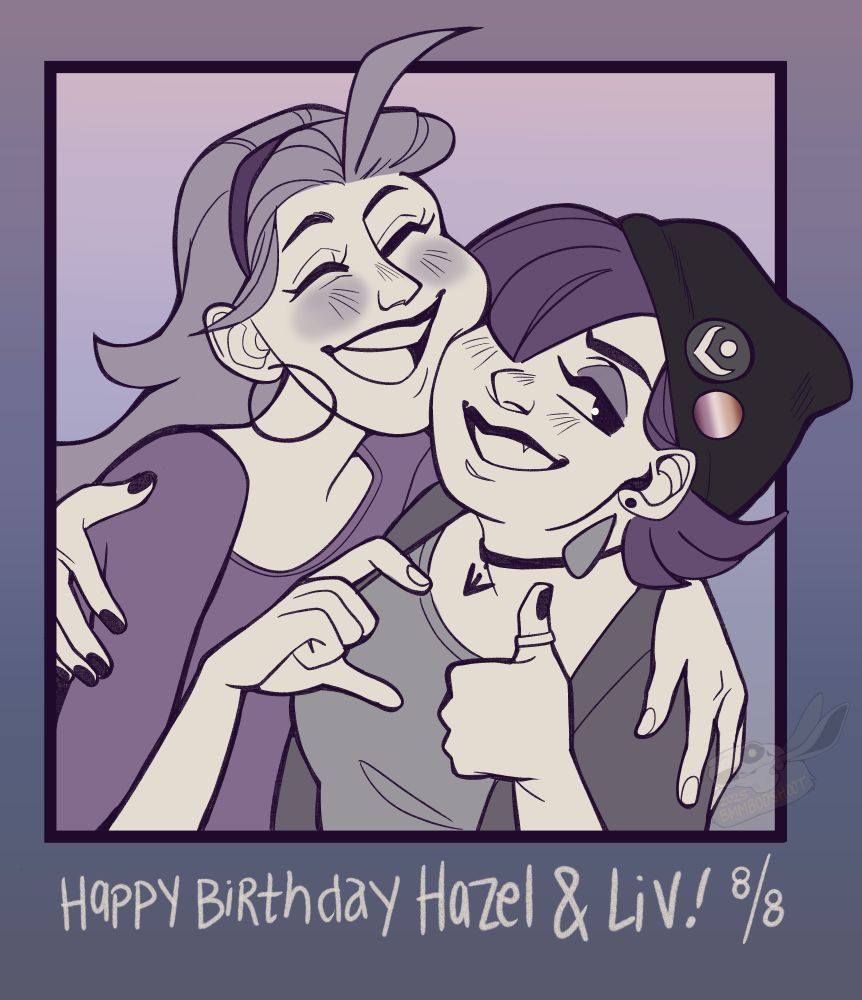 a drawing of two young women in a sideways embrace with one arm around the other. . the taller of the two has long hair pulled back in a headband. she smiles brightly with her cheek pushed up against her partner's face. she holds her hand up to make a heart with her partner, but instead, the woman on the right is giving a thumbs up to be a cheeky jerk. the women on the right is chubby and much shorter and her short dark hair is tucked under a beanie with two buttons on it. an emblem and a lesbian flag button. 