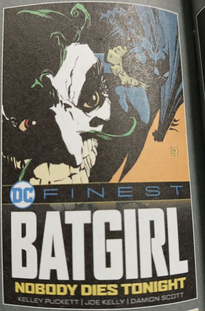 Fuzzy image of the cover for Batgirl: Nobody Dies Tonight by Kelley Puckett, Joe Kelly, and Damion Scott. The cover contains a large shadowed head of Joker with a mustache, Batgirl leaping towards the front from behind him.