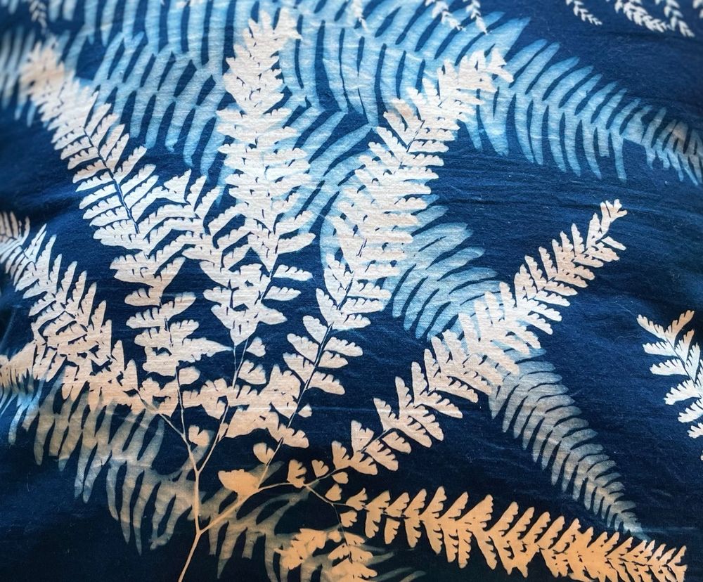 ferns printed on fabric using the cyanotype process 