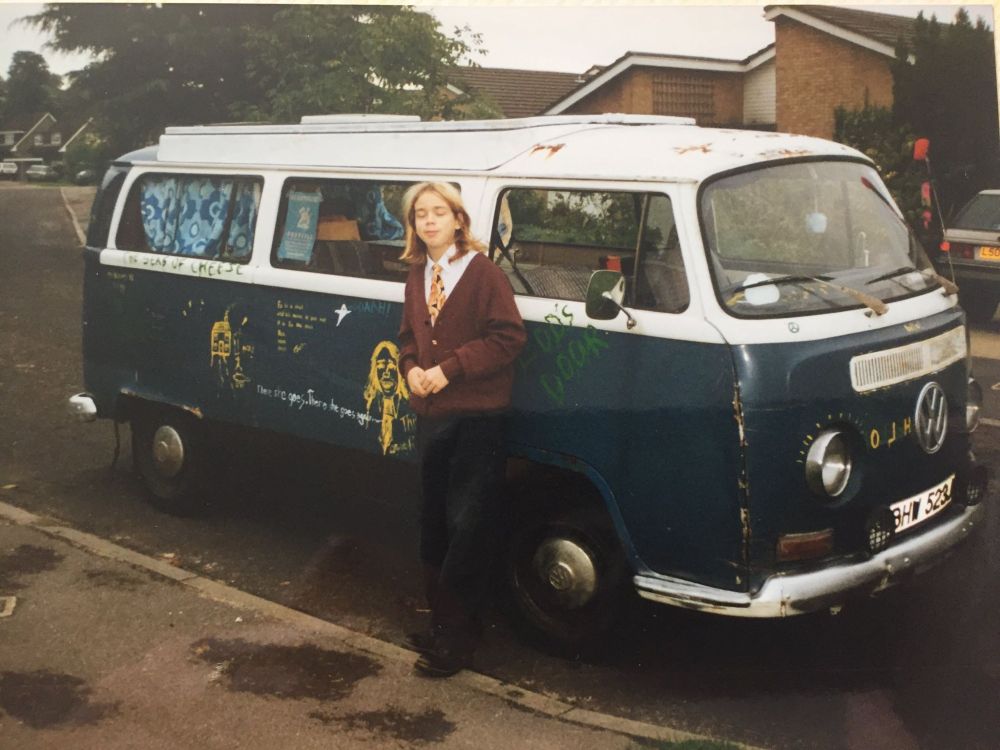 Me (ed dowie) circa 1996 with a blue VW camper van