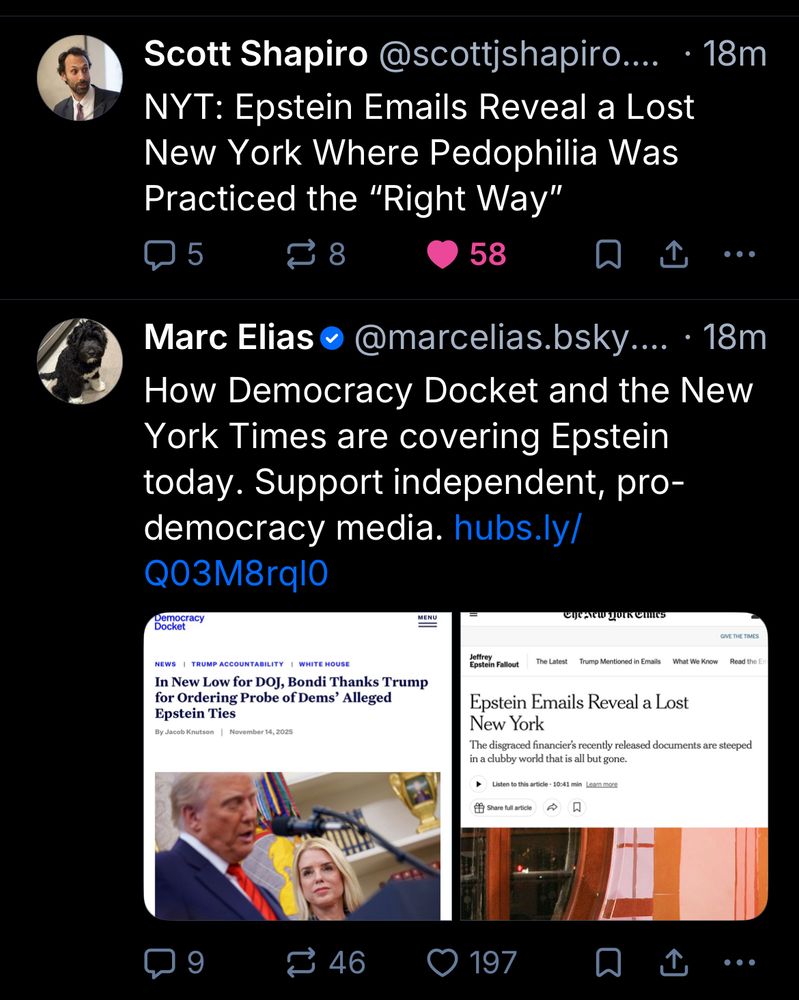 Timeline showing this post followed by a Marc Elias post comparing the headline from Democracy Docket to the headline from the NYT article that indeed states “Epstein emails reveal a lost New York”