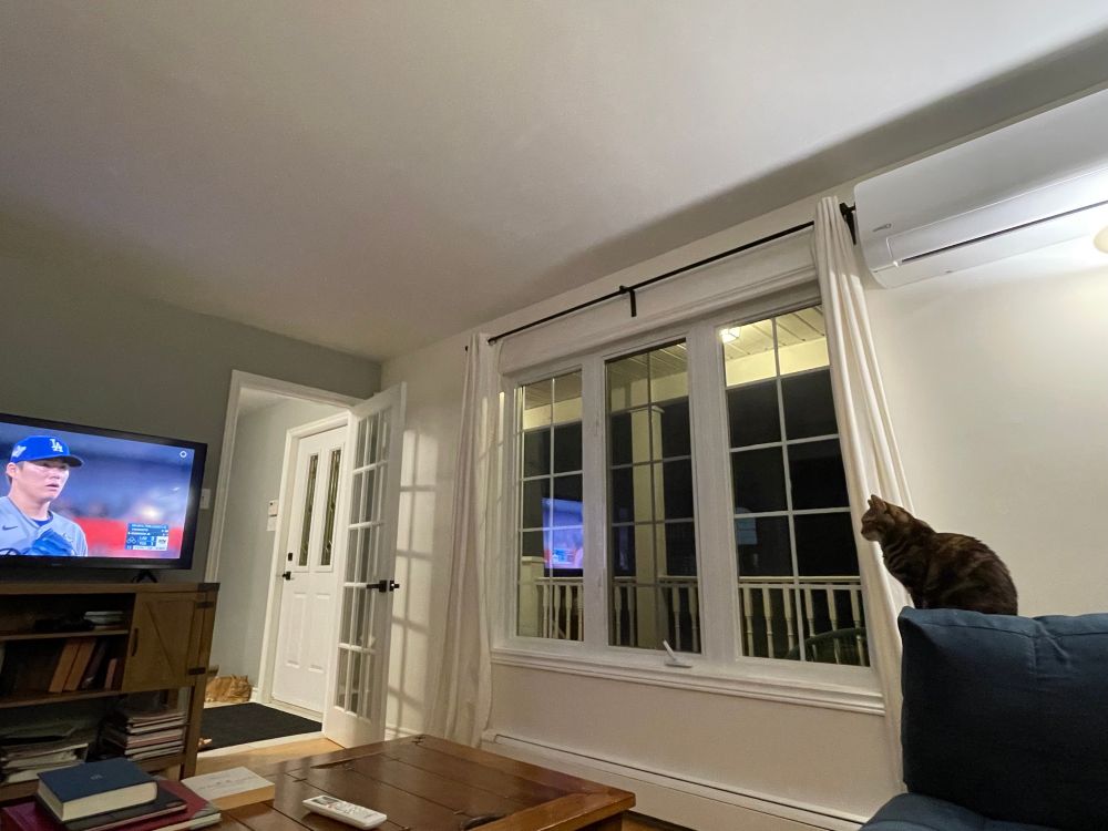 Small tabby cat sitting on the arm of a blue couch watching a TV across the room playing the World Series