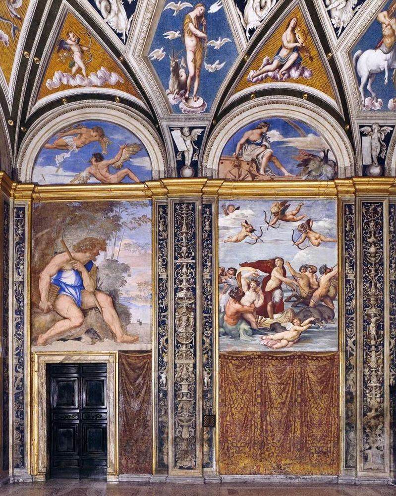 Photo of an entirely frescoed room. Underneath mythological ceiling frescoes in faux architecture, Sebastiano's Polyphemus large giant single figure in landscape and Raphael's glorious triangular and circular moving beautiful composition of Galatea escaping on a dolphin-pulled shell. Frescoed architecture around those sections and faux frescoed curtains below. RENAISSANCE.