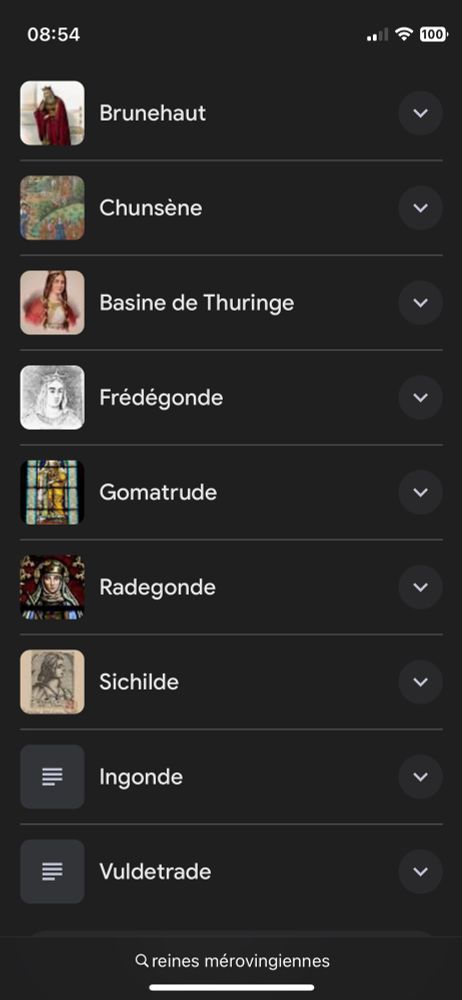 Liste de reines mérovingiennes : Brunehaut, Chunsène, Basine, Frédégonde, Gomatrude, Radegonde, Sichilde, Ingonde, Vuldetrade.