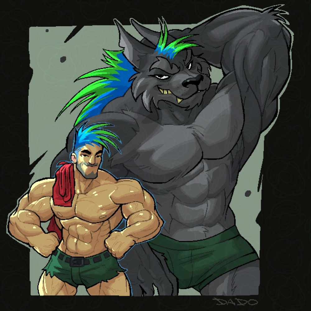 Digital artwork of a dark gray werewolf with a long blue and green mane smirking with one giant muscley arm over his head. His human form is seen standing next to him, smaller but similar in appearance with the same blue and green hair with a red chef's apron over one shoulder and his hand on his hips. Both are shirtless, of course.