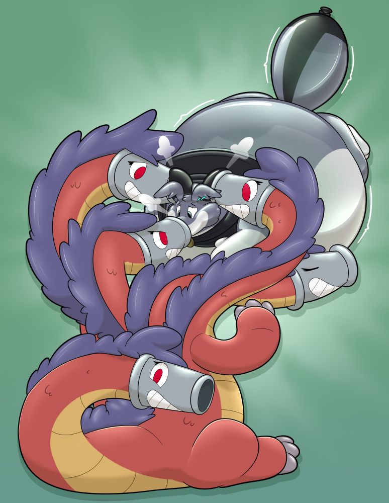 I'm a big dragon but a hose hydra, with big toonishly grinning giant air nozzles for heads (and tail).  Virmir is being puffed into a big helpless balloon by my heads from the maw and ears, and boy is he so rooooound and tight :3