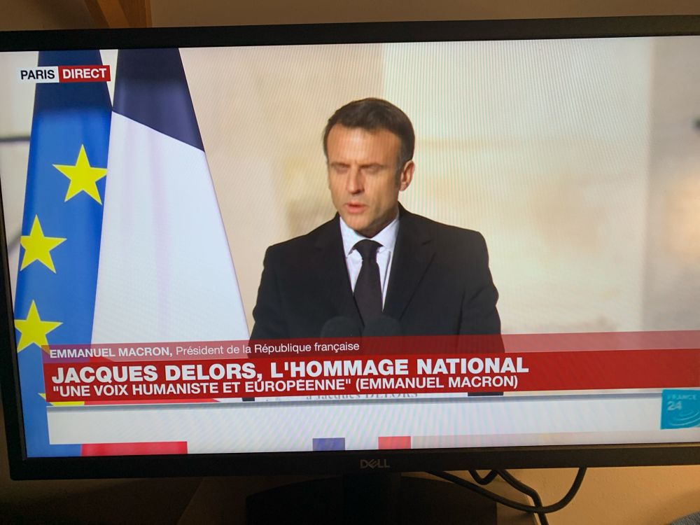 Emmanuel Macron speaking at Jacques Delors’s funeral in Paris this morning.