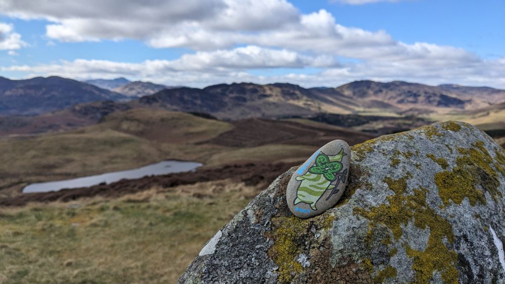 A small rock with a painted Korok rests on a stone whilst the Scottish glens stretch off in the background.