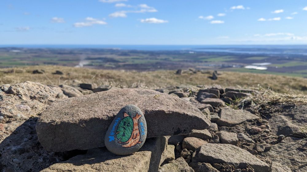On a sunny spring day, a small painted stone of a seated korok rests upon a small cairn. In the background, the fields stretch off to the sea in the distance.