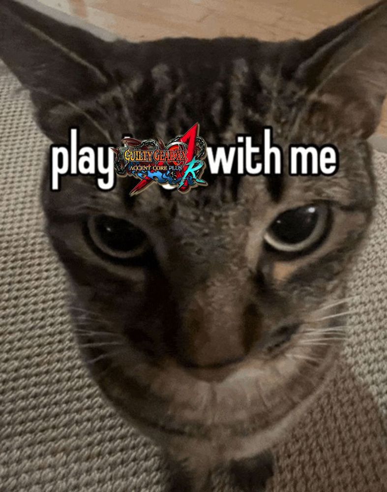 that image of a cat staring into the camera with the caption "play toys with me" across it's forehead, but I changed "toys" to the guilty gear xx accent core plus r logo