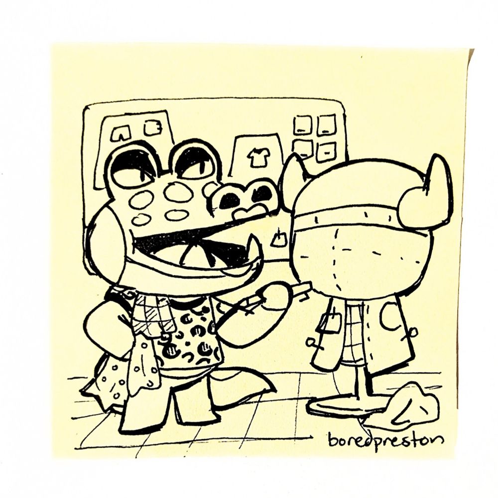 A sketch of Alli the alligator from Animal Crossing holding fabric and looking at a mannequin