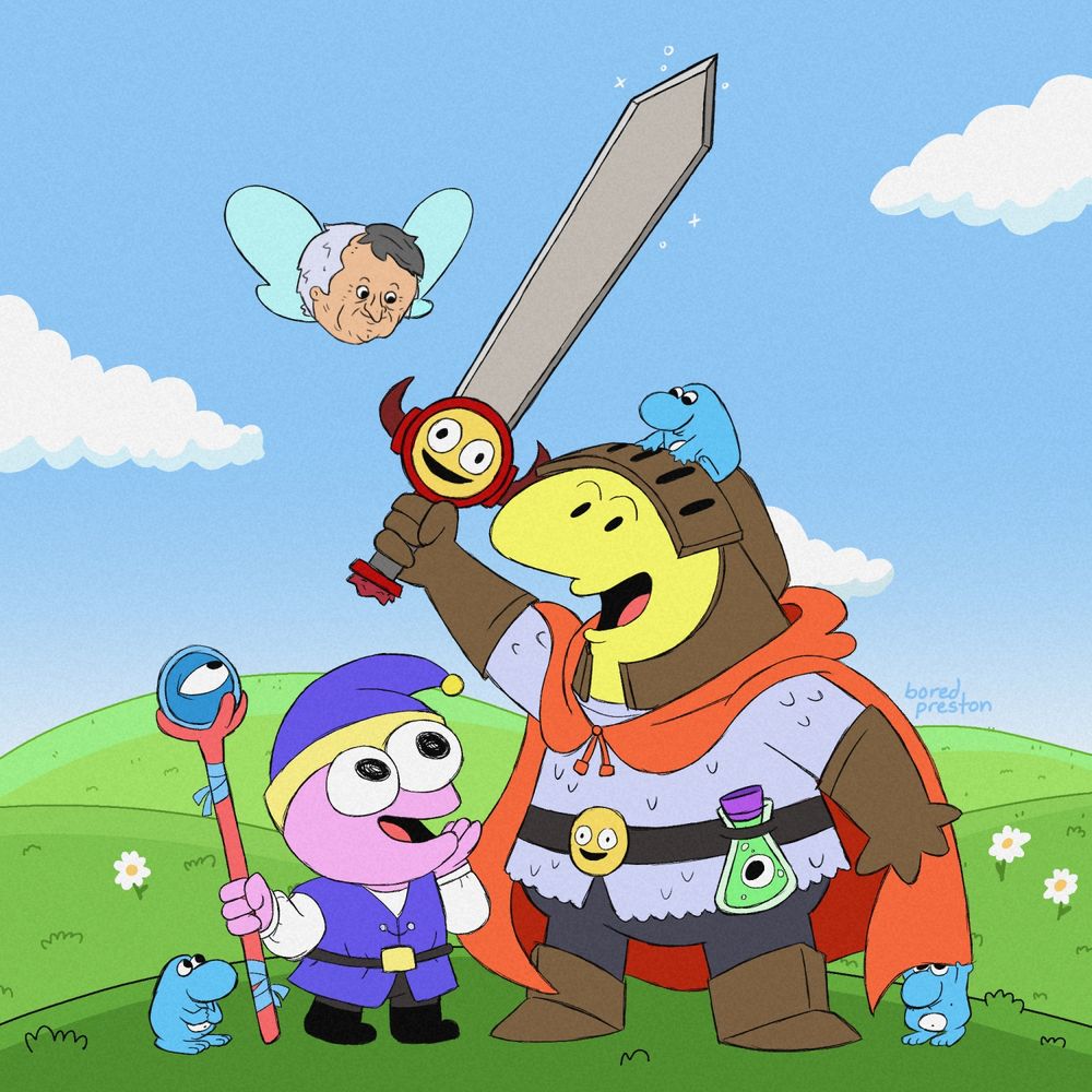 A digital illustration of Pim and Charlie from Smiling Friends dressed as fantasy heroes. Charlie is holding up a sword with a smiling face on it, and on his belt is a Glep potion. Pim is holding a magical Allan staff as he looks up at Charlie. Shmaloogles and a Mr. Boss fairy surround them. 