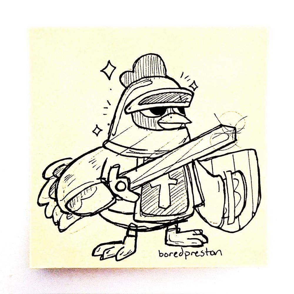 A sketch of Knox the chicken knight from Animal Crossing holding a long sword in his right hand and a shield in his left.