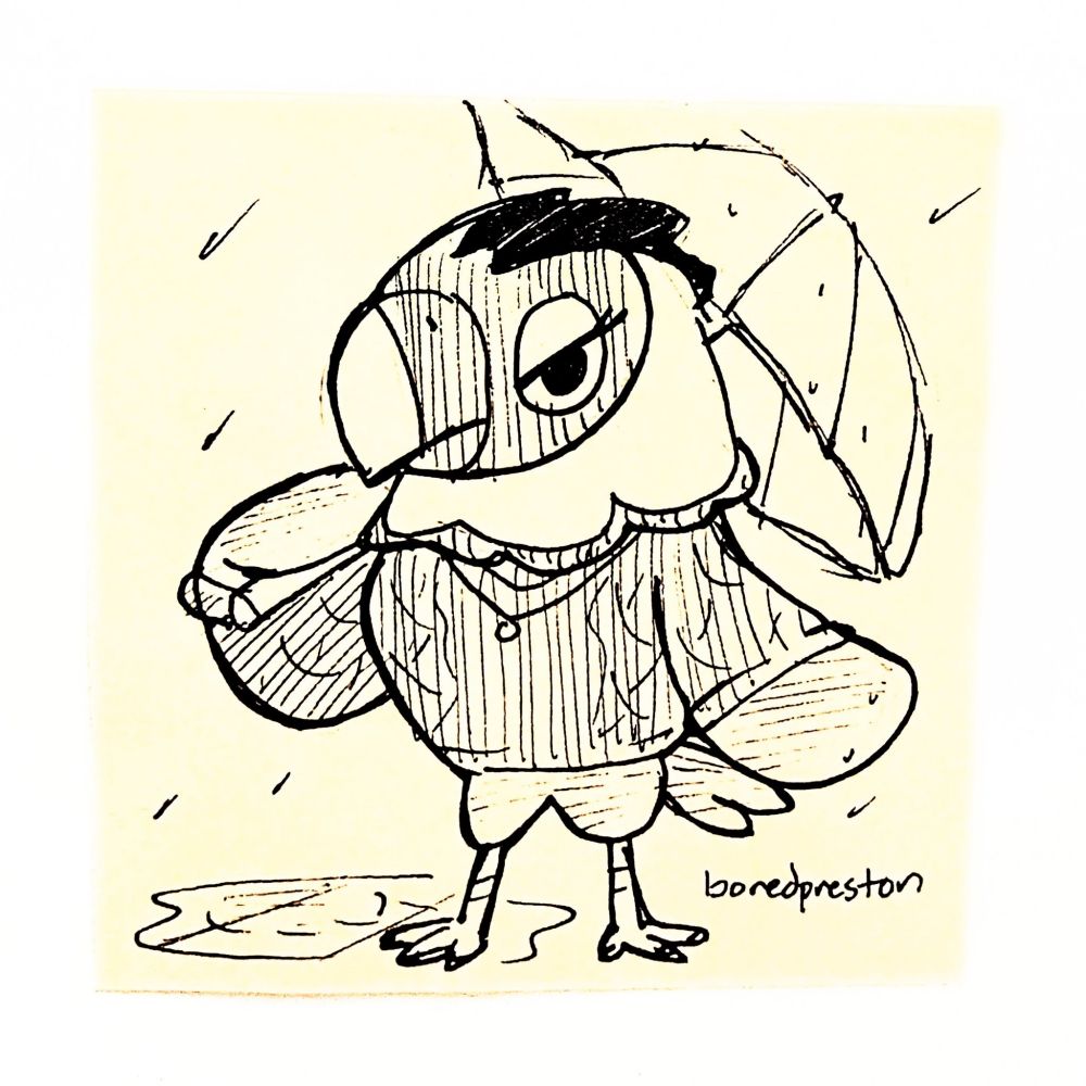 A sketch of Amelia the eagle from Animal Crossing standing in the rain and holding an umbrella