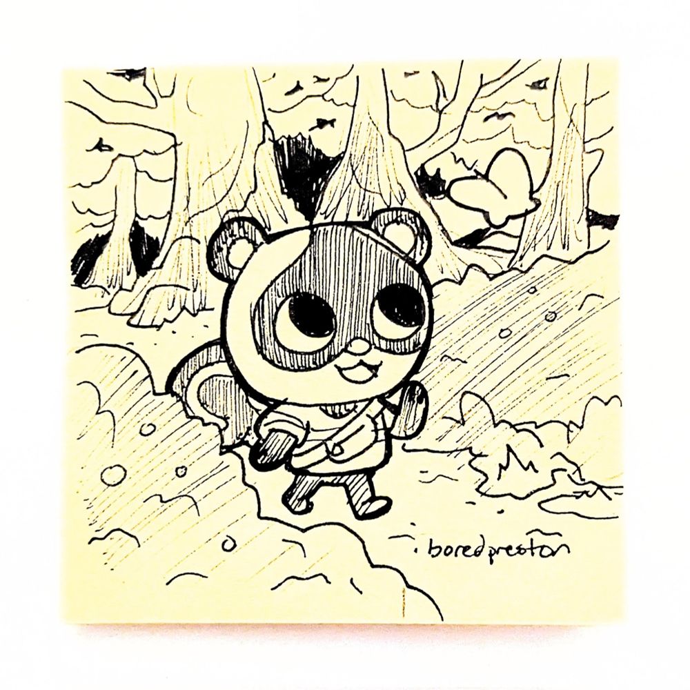 A sketch of Sylvana the squirrel from Animal Crossing walking through a wooded forest and waving at a butterfly