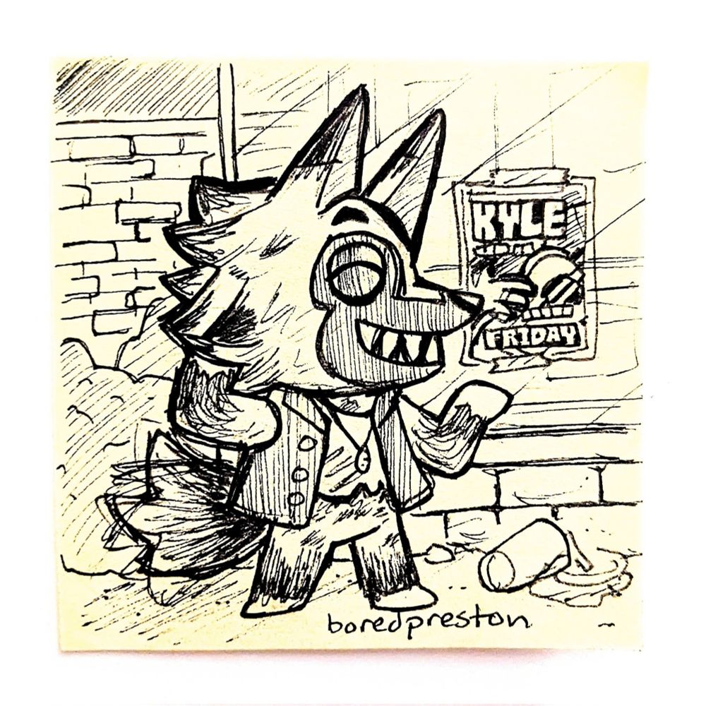 A sketch of Kyle the wolf from Animal Crossing rubbing the back of his head and smiling with his eyes closed, gesturing to a flyer that says "KYLE" and "FRIDAY" with an image of a hand and a guitar on it. The flyer is taped to a large window. Behind him are bushes and a brick wall.